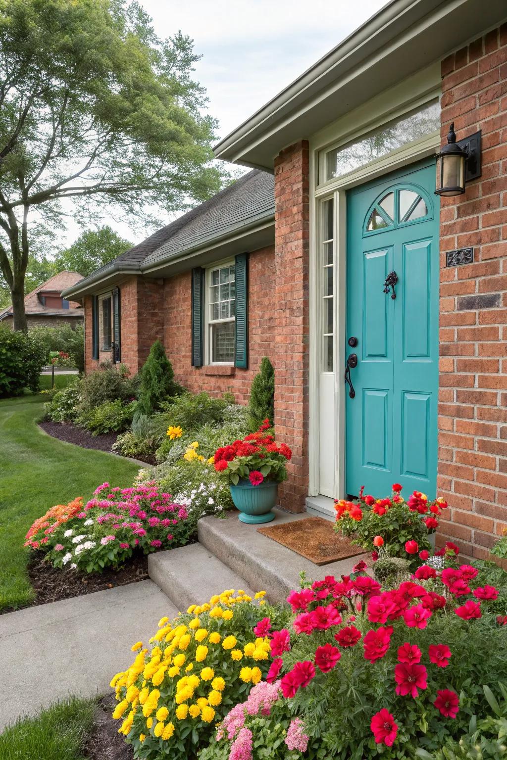 A colorful door adds personality to a brick home.