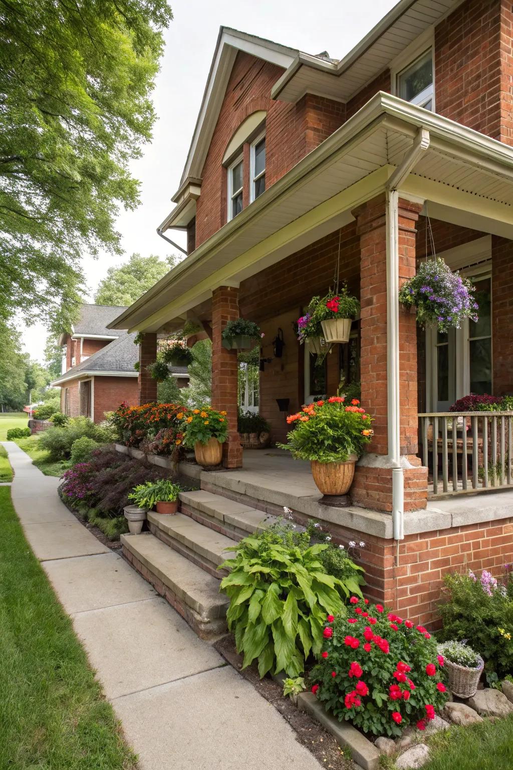 Potted plants add a touch of charm to the front porch