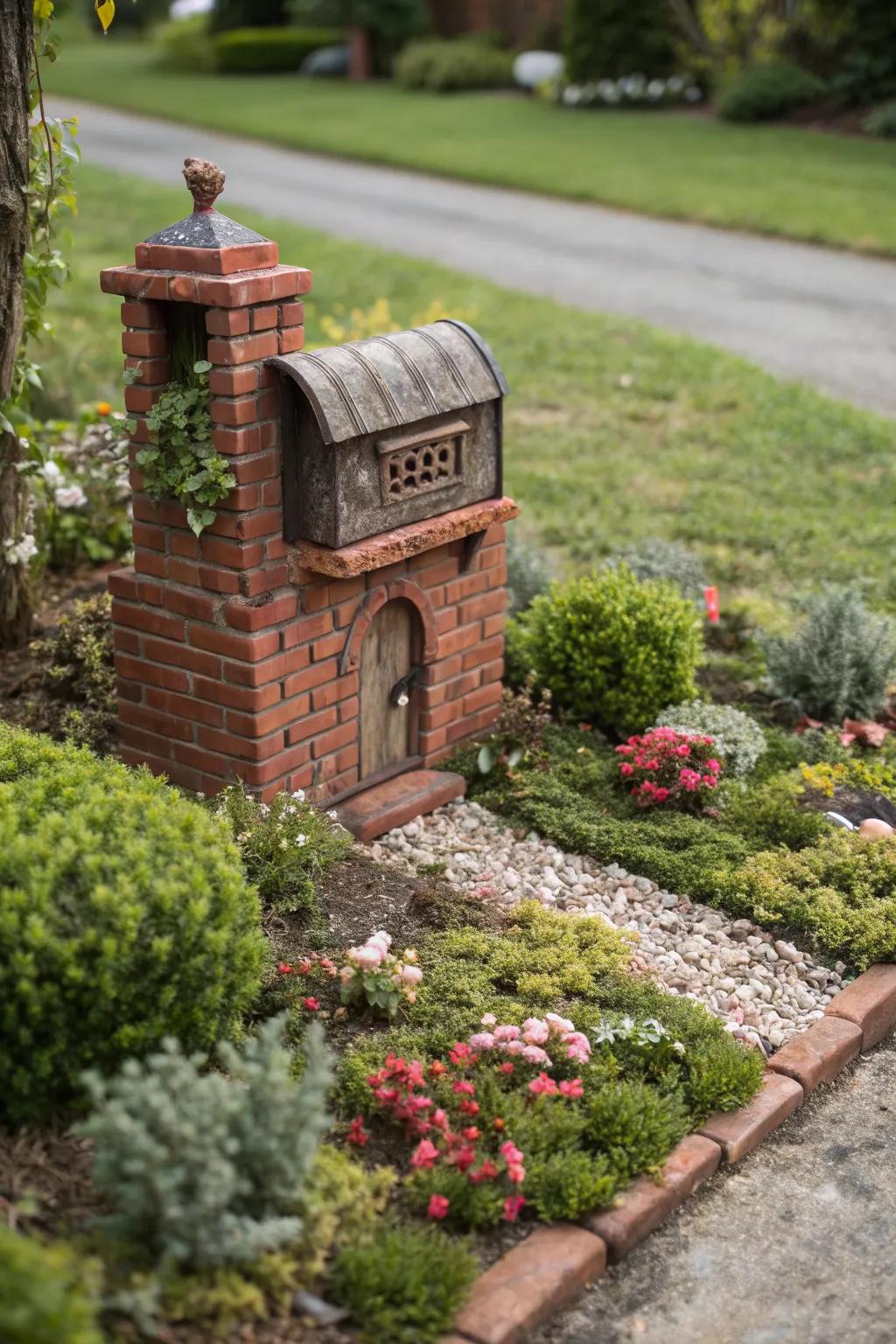 A miniature garden adds depth to this brick mailbox landscape.