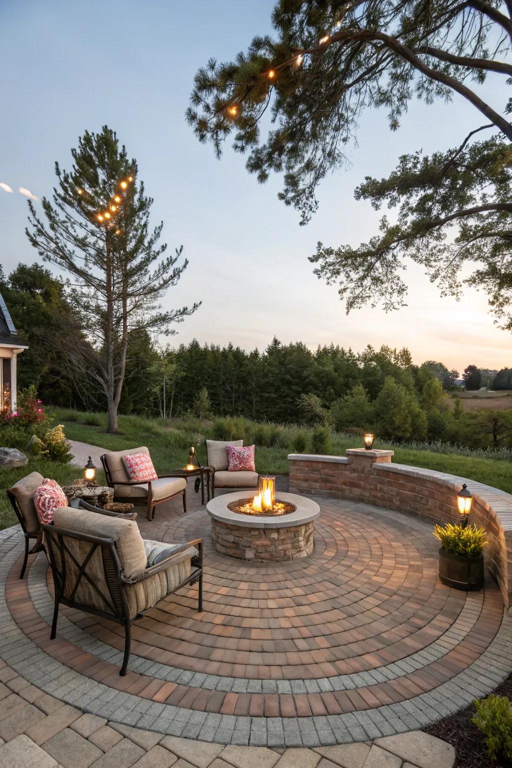 A cozy outdoor fire pit area featuring a circular brick paver pattern.