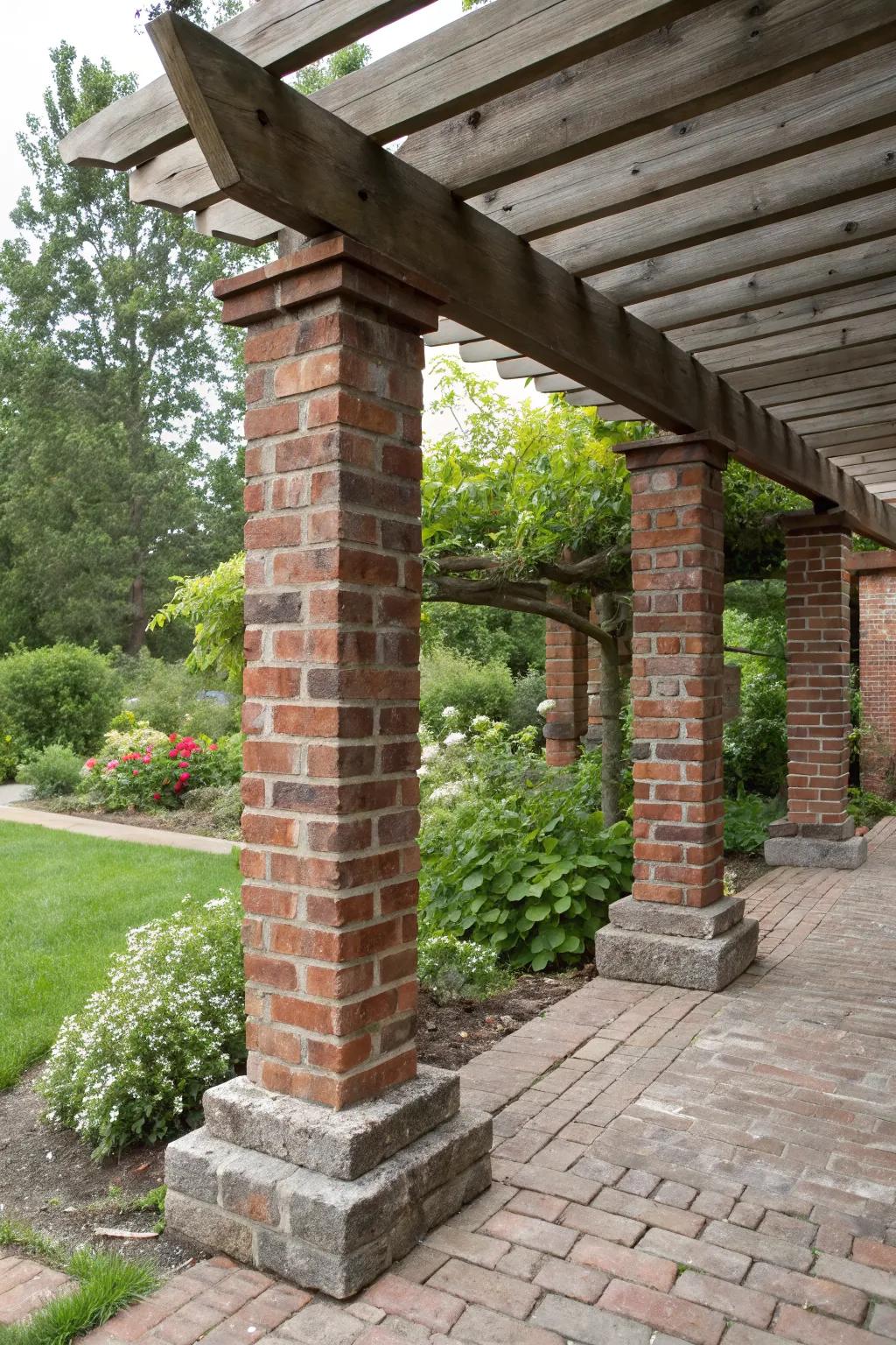 Brick pillars providing support for a pergola, creating a backyard retreat.