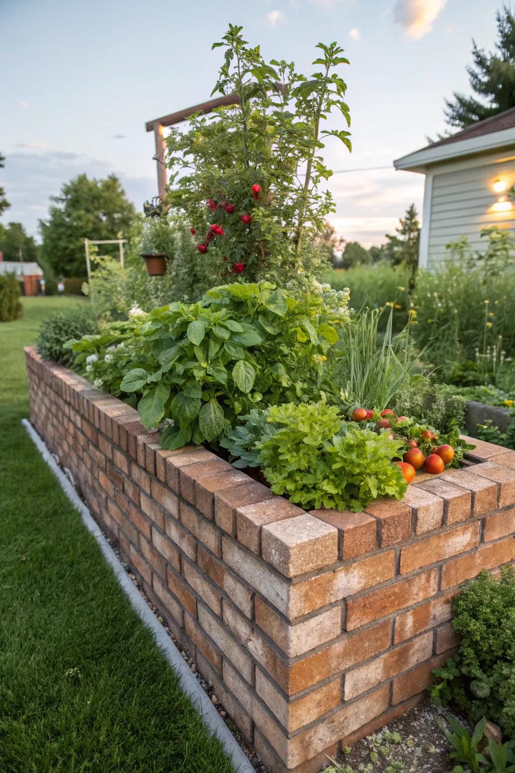 A raised brick planter making gardening accessible and enjoyable.