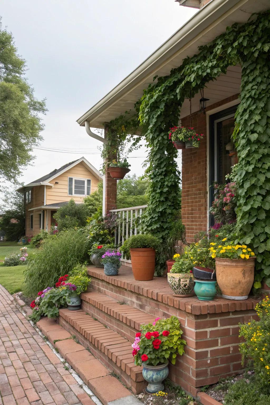 Vibrant plants on a brick porch.
