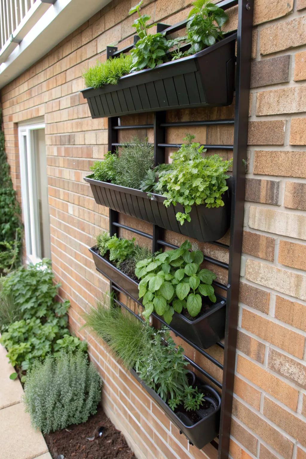 A vertical garden with herbs on a brick wall.