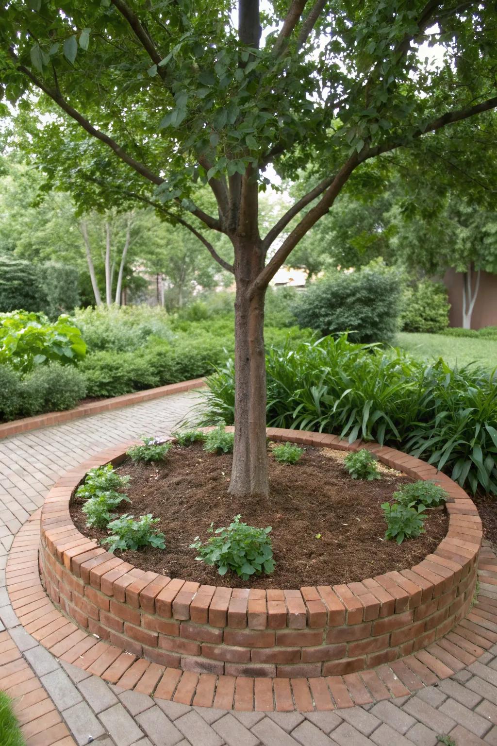 Bricks and mulch create a tidy and attractive tree base.