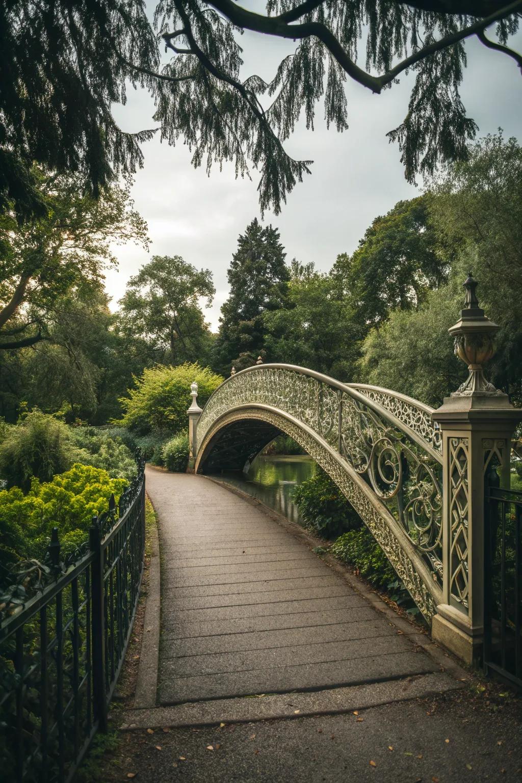 A metal bridge brings sophistication to a garden setting.