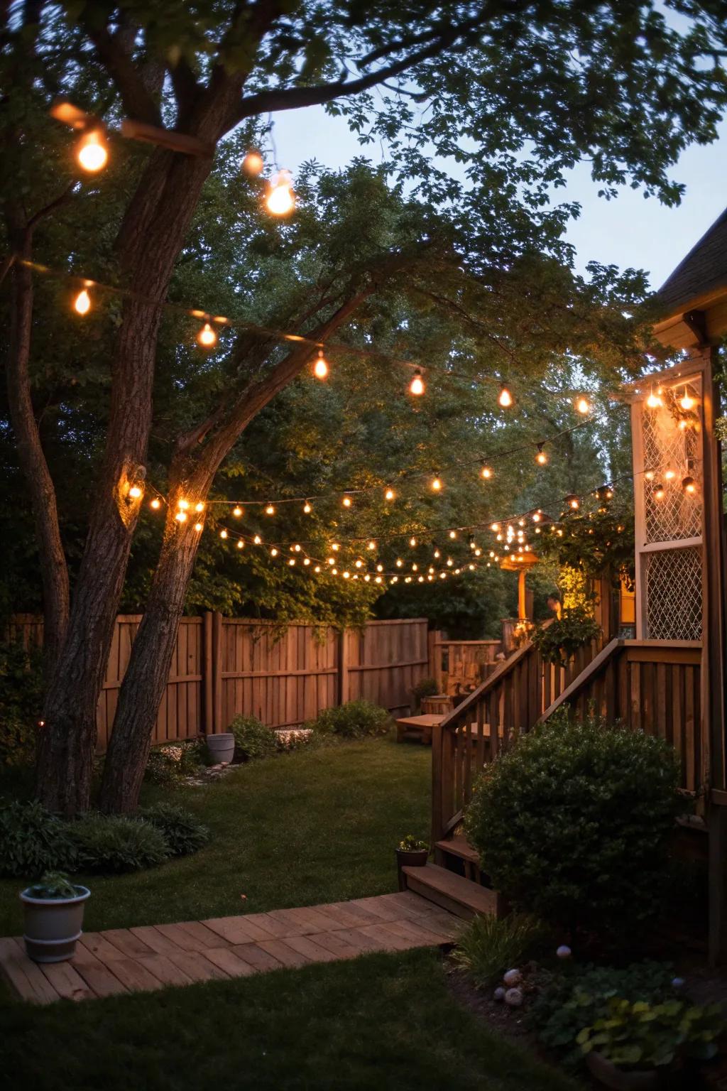String lights add a magical glow to any backyard setting.