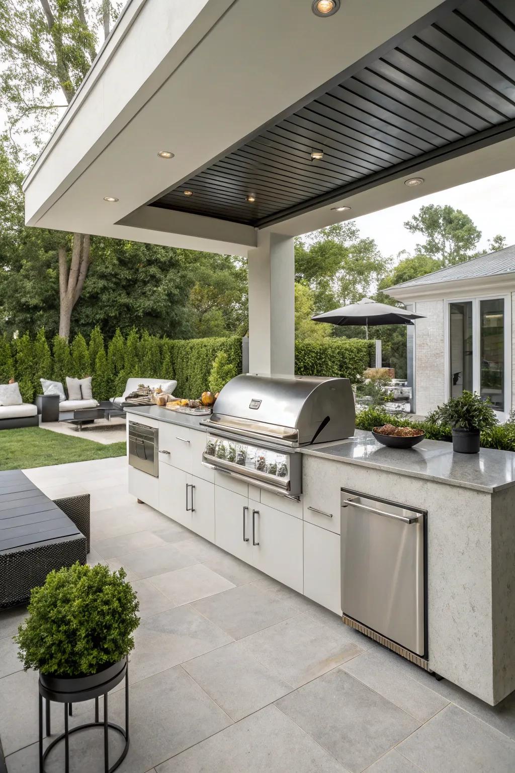 Stainless steel grills bring a contemporary edge to outdoor spaces.