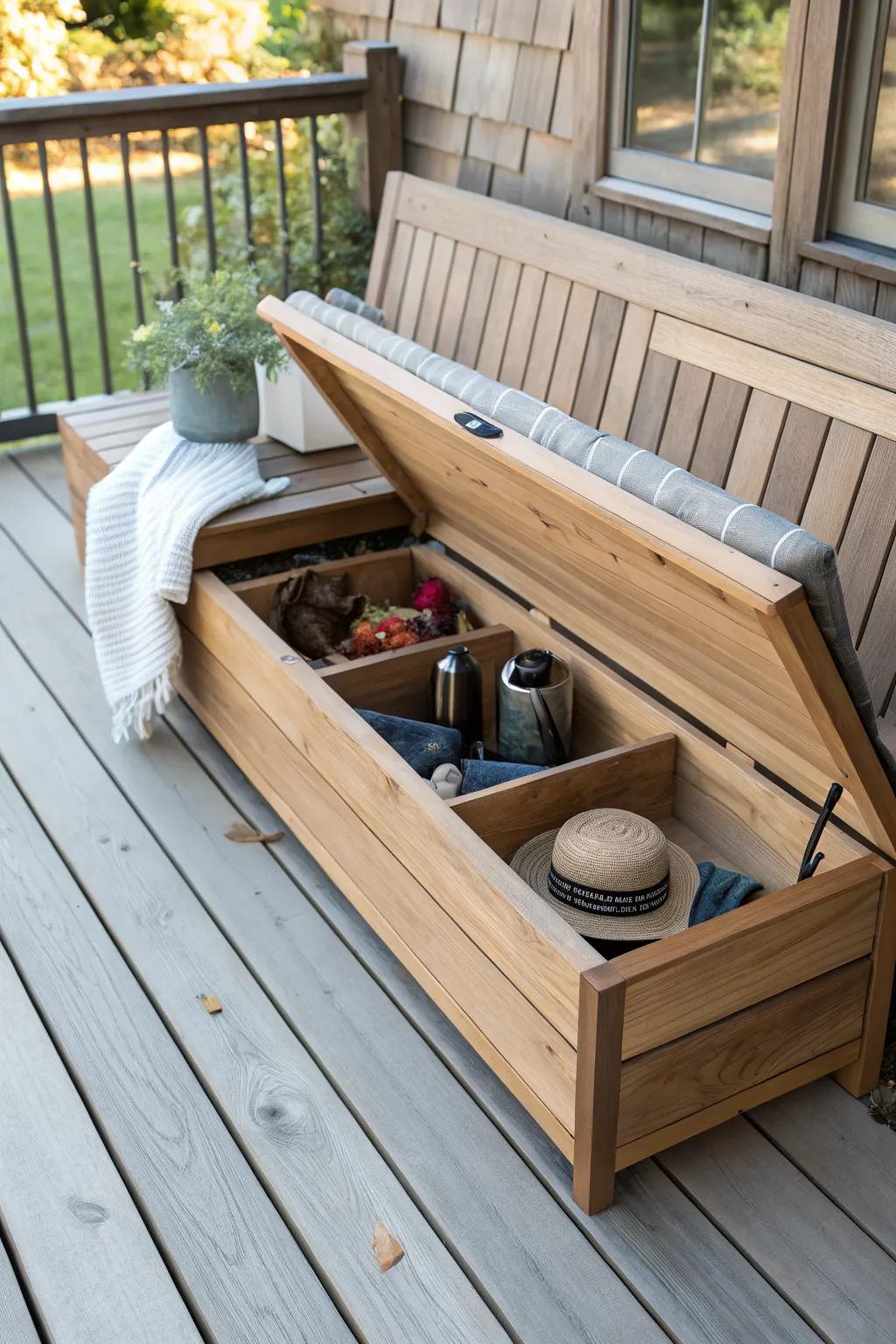 Storage benches keep your deck clutter-free and stylish.