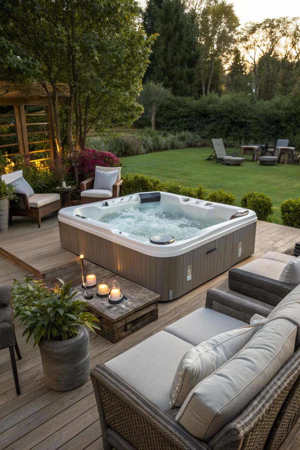 A cozy seating area surrounding the hot tub for social gatherings.
