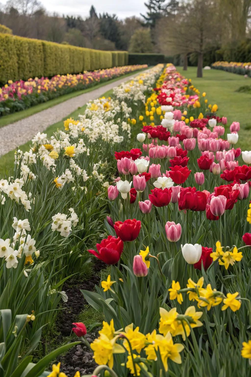 Mass planting creates a stunning sea of colors in your garden.