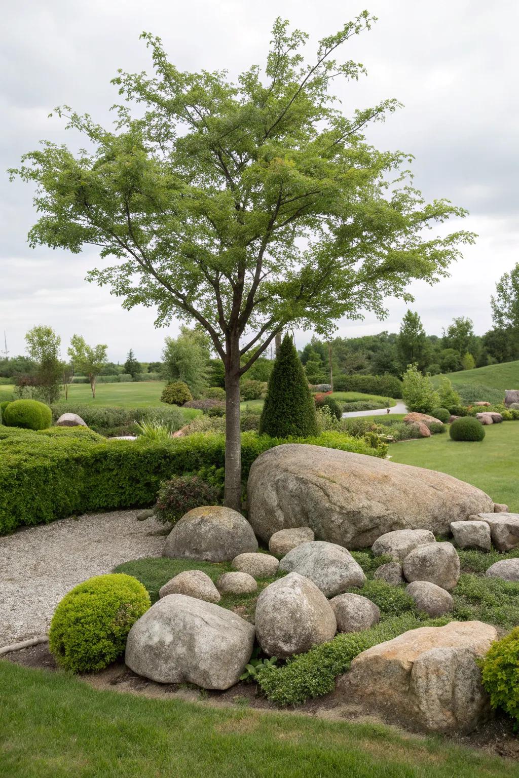 Bull rocks accentuating a tree, creating a natural focal point.
