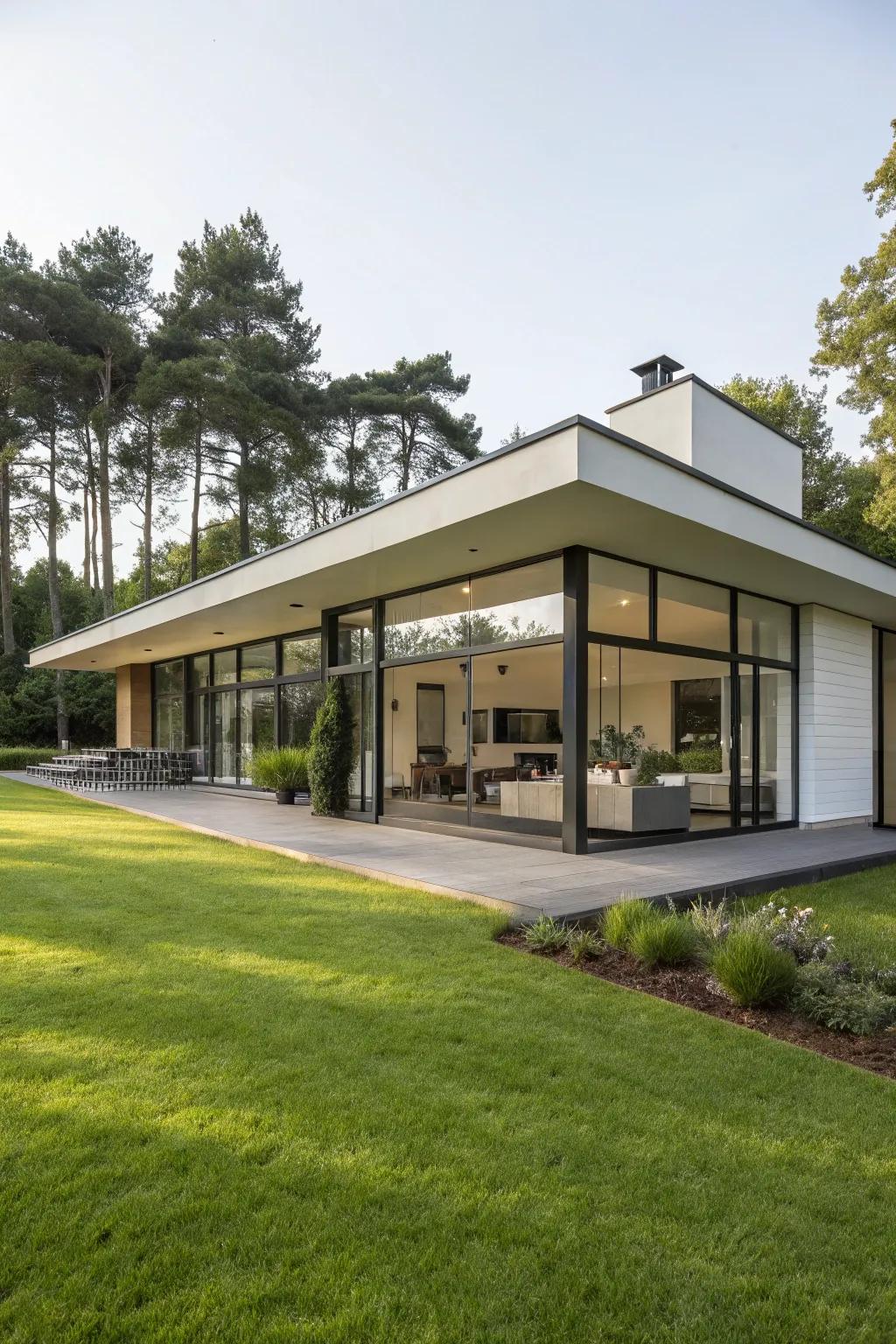 A bungalow featuring modern architecture with clean lines and a flat roof.