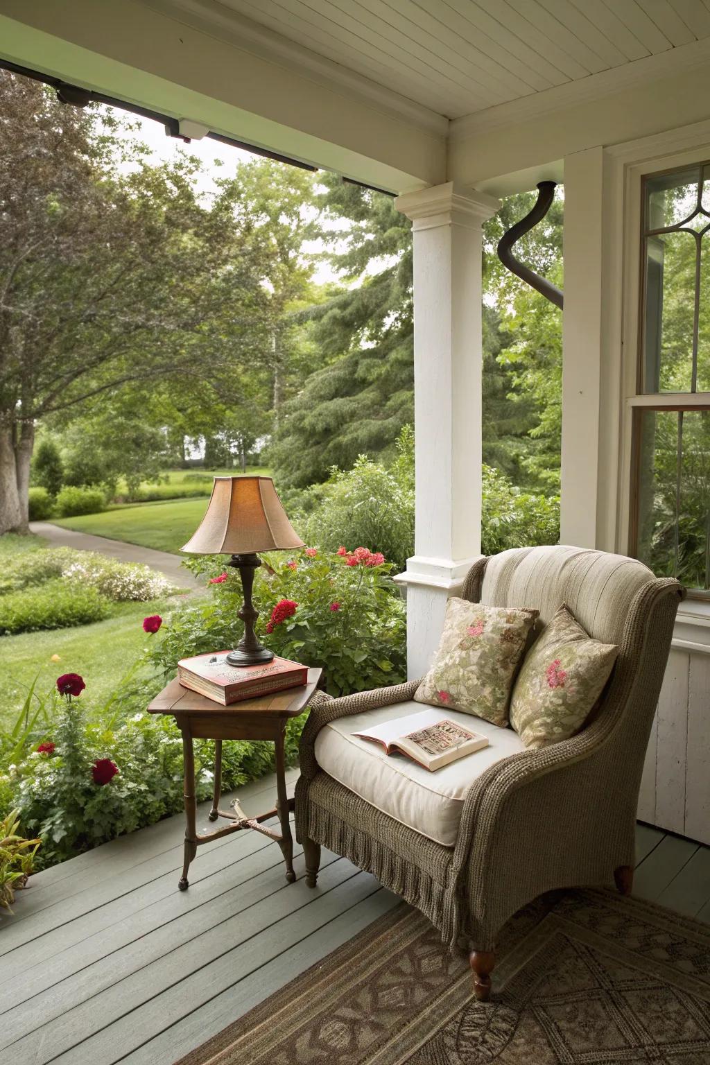 A cozy reading nook on the porch offers a peaceful retreat.
