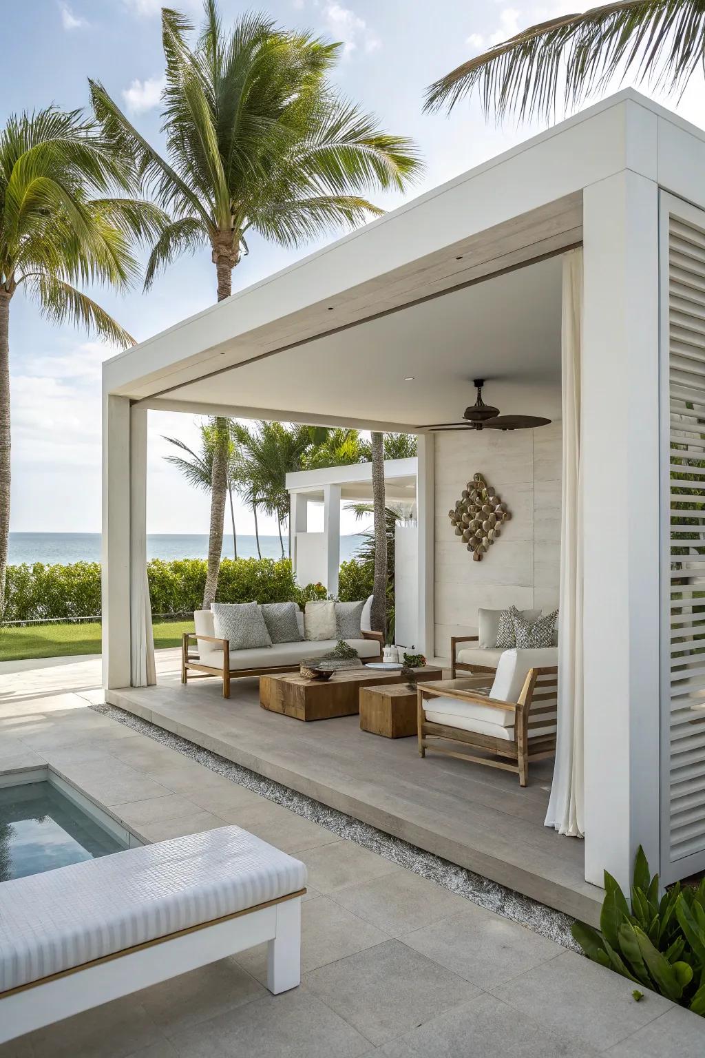 A modern cabana featuring clean lines and minimalist furniture for a sleek look.