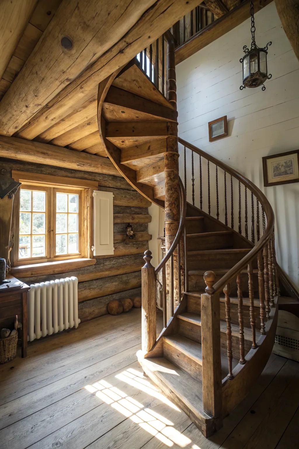 A rustic spiral staircase with wooden spindles, adding elegance to a cabin.