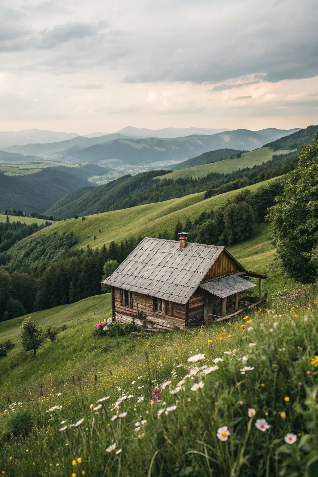 A cabin with a hip roof blending elegantly with rolling hills.