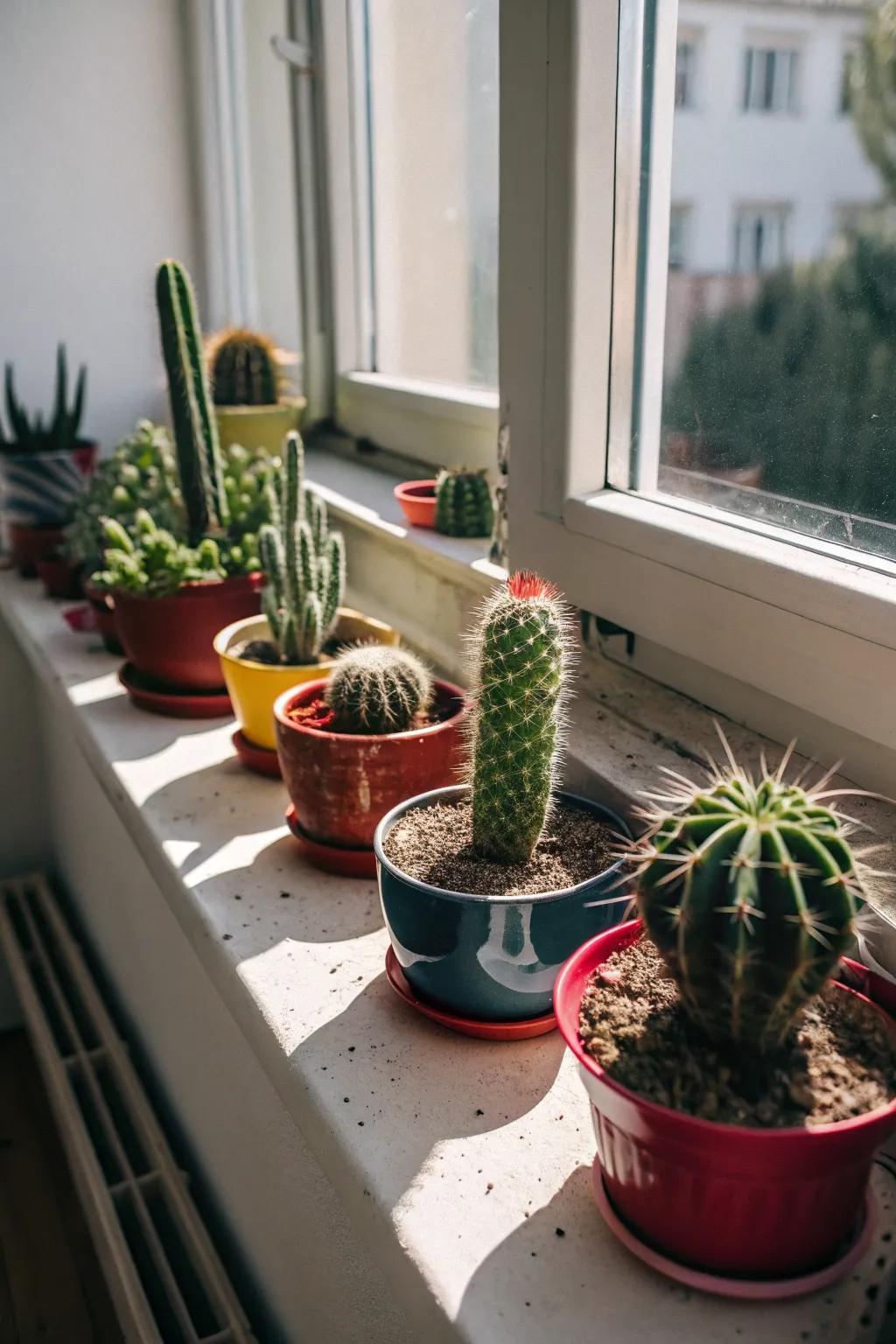 Sunny windowsill adorned with a variety of indoor cacti.