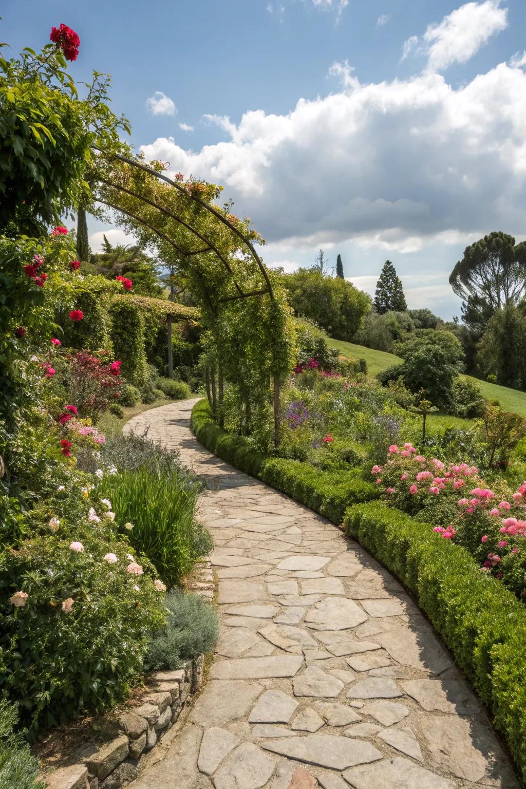 A charming stone pathway weaving through a lush garden.