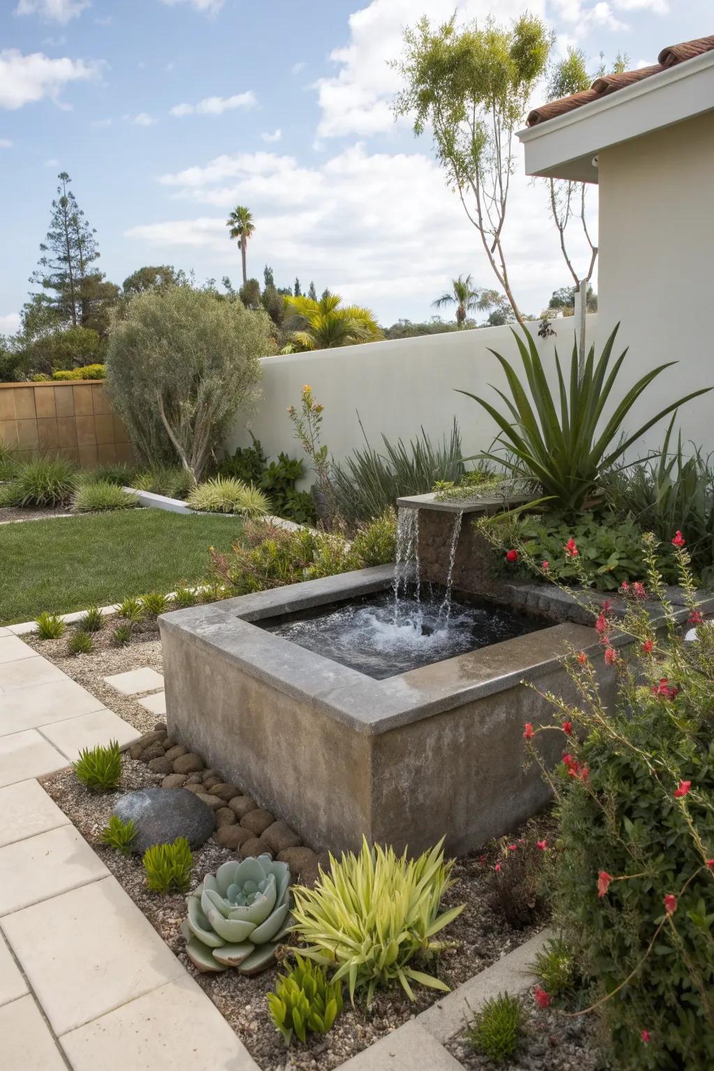 A modern water feature adding serenity to a garden.