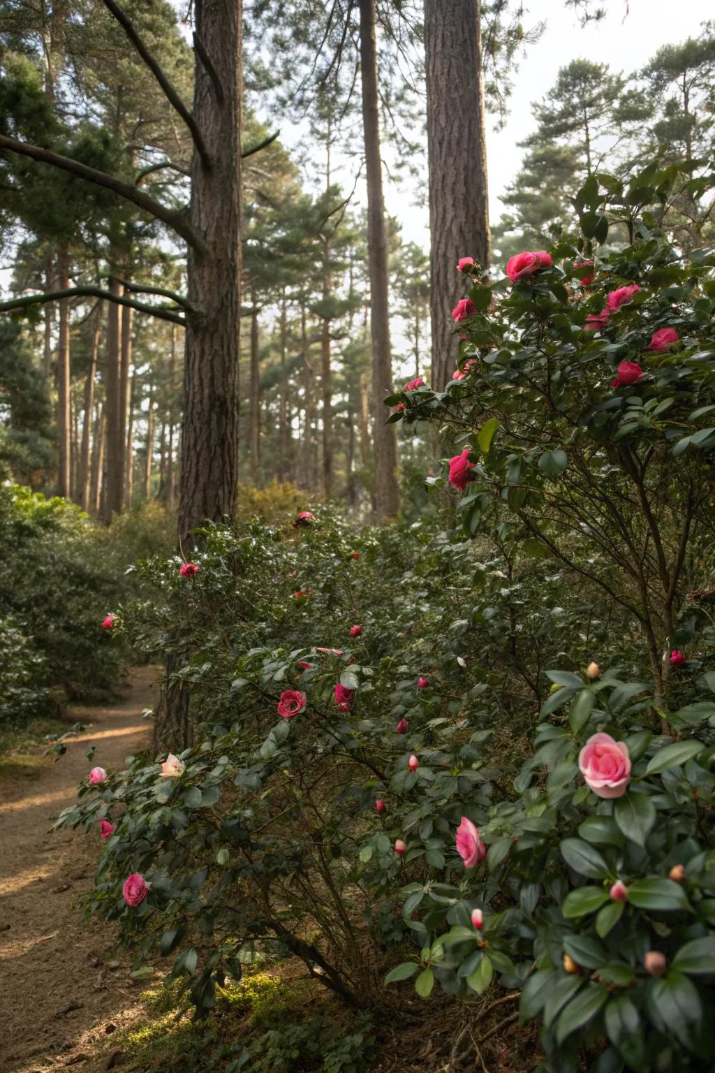 Camellias nestled in a woodland setting create an enchanting retreat.
