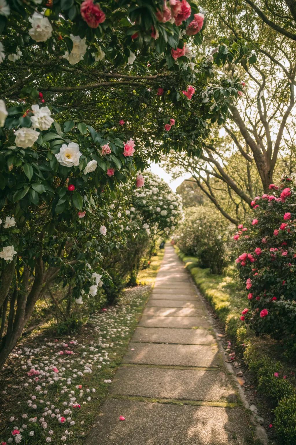 Camellias lining a path create a whimsical garden walk.