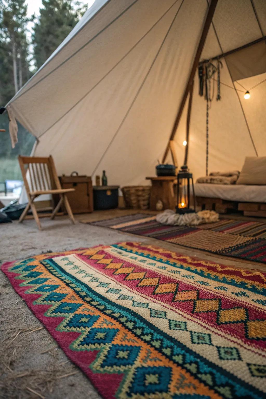Rugs provide comfort and a pop of color to your tent interior.
