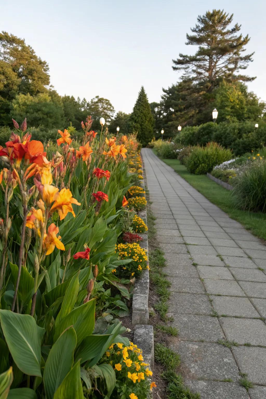 Canna lilies create a bold border along a garden walkway.