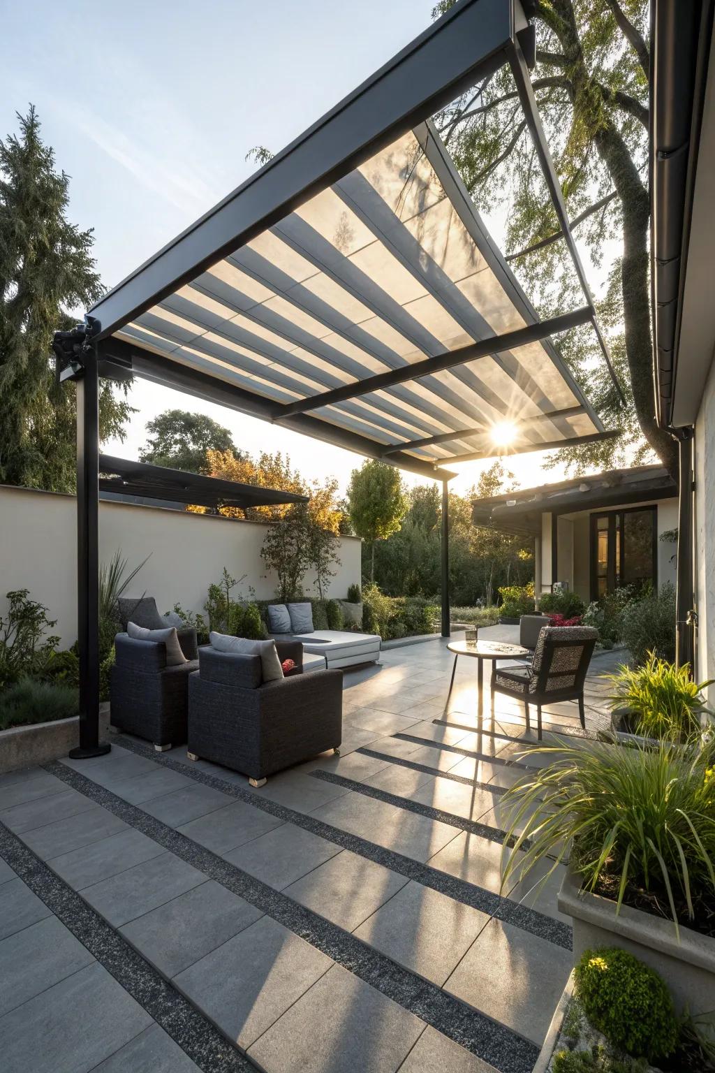 A retractable canopy offers versatile shade options for any time of day.