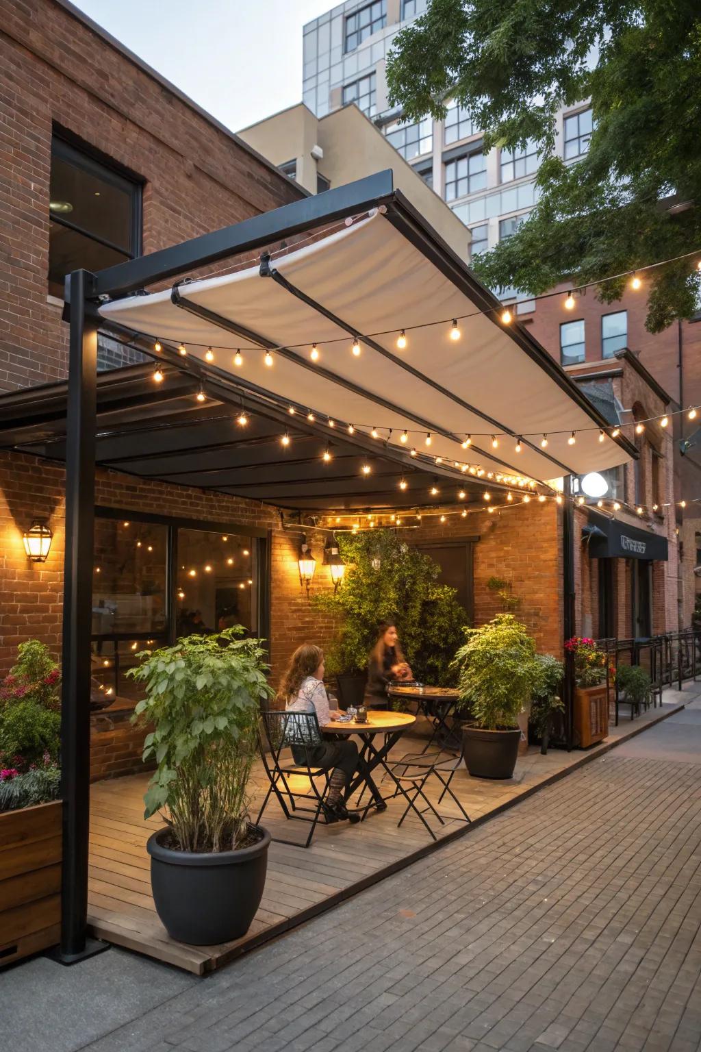 An outdoor space with a versatile retractable canopy.