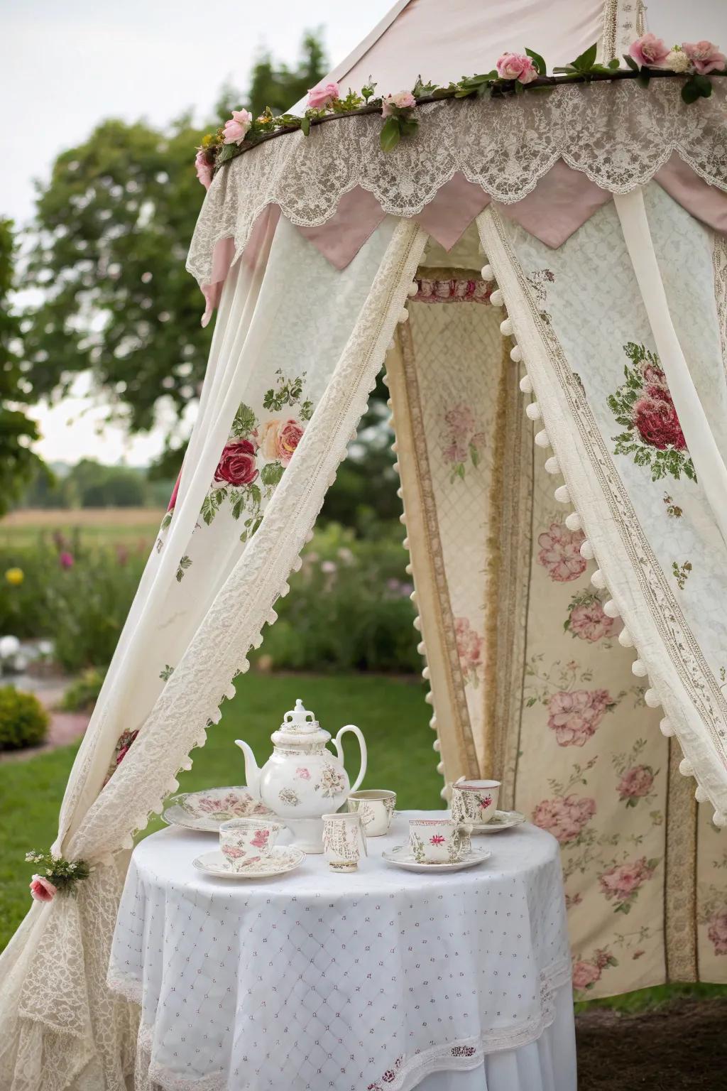 A vintage tea party canopy tent perfect for elegant gatherings.