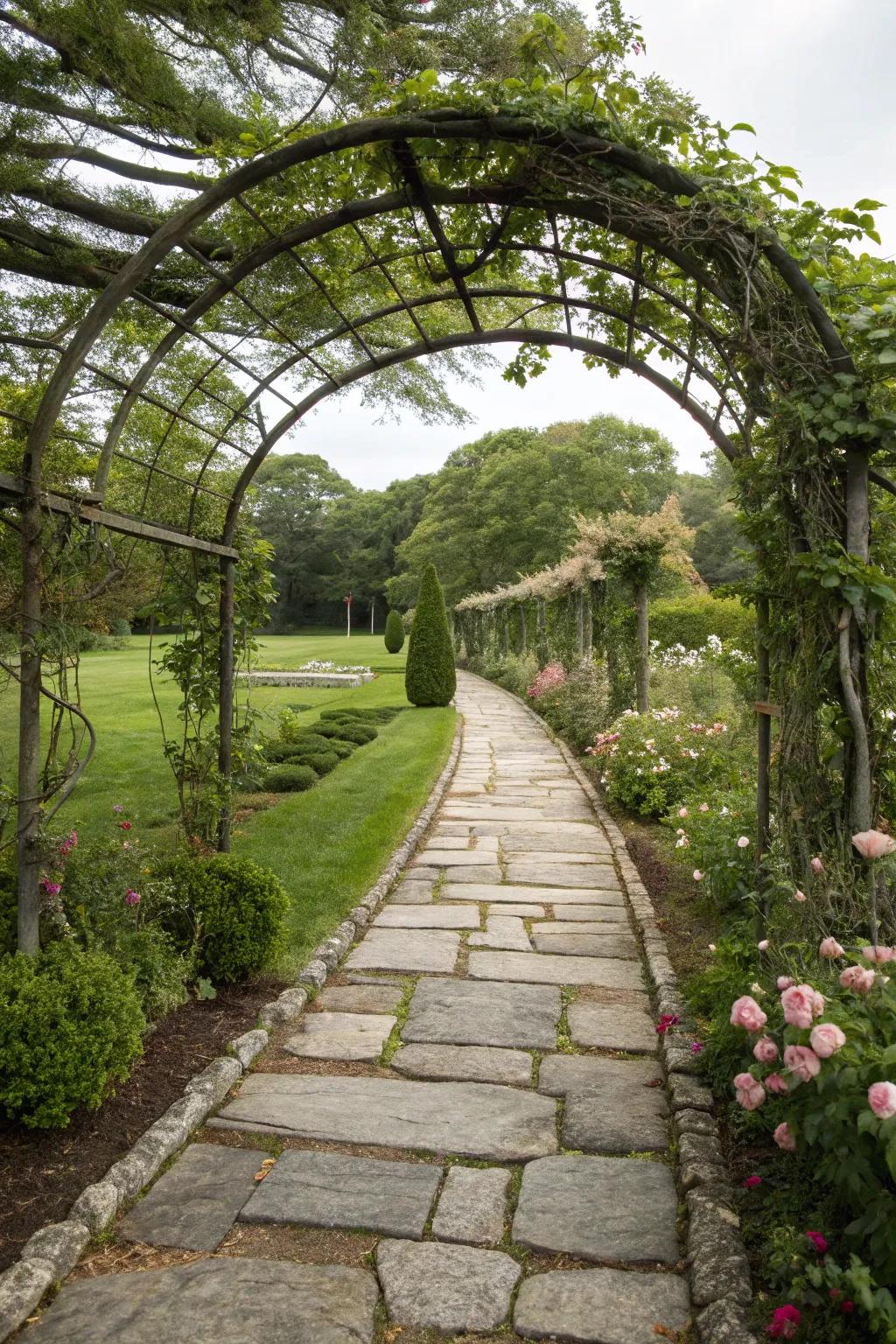 Charming pathways with arched arbors.