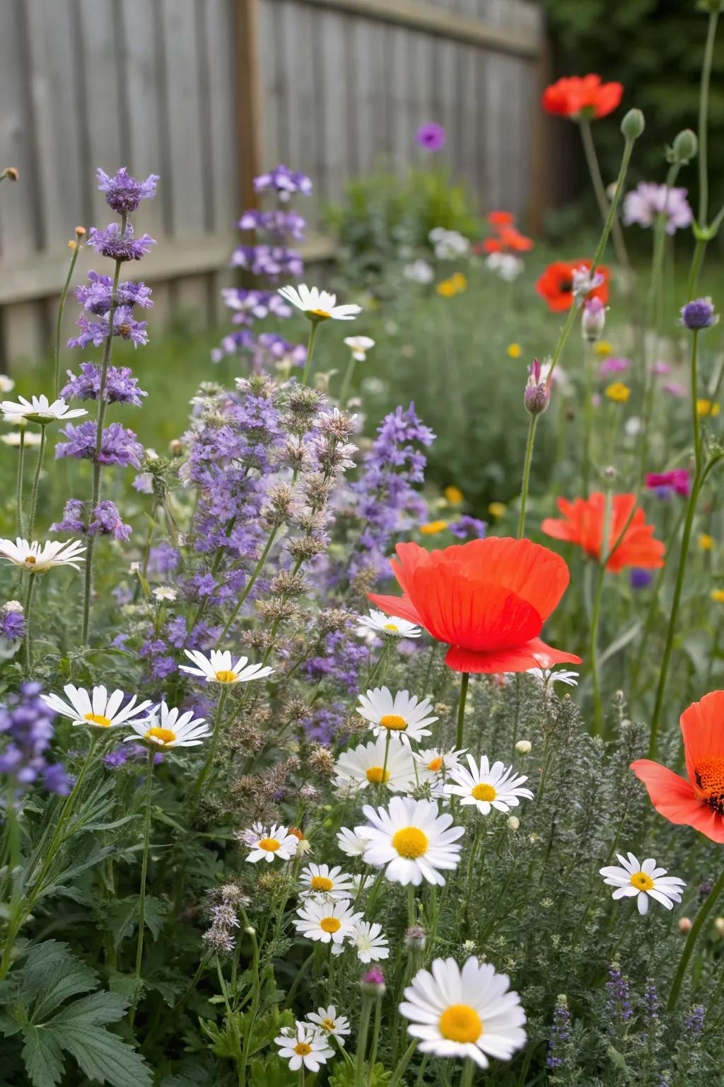 A vibrant mix of catmint, daisies, and poppies in a flower bed.