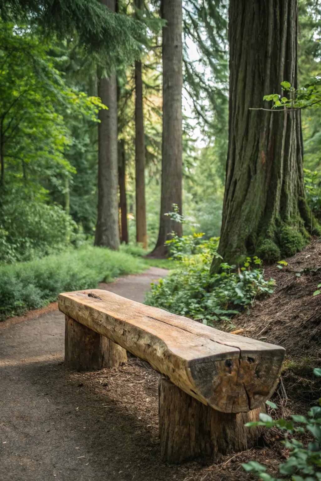 A rustic cedar bench adds a touch of cabin charm to the outdoors.