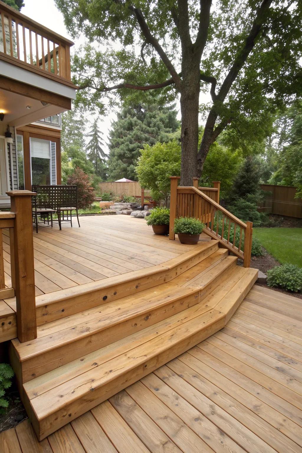 Grand steps create an inviting entrance to this cedar deck.