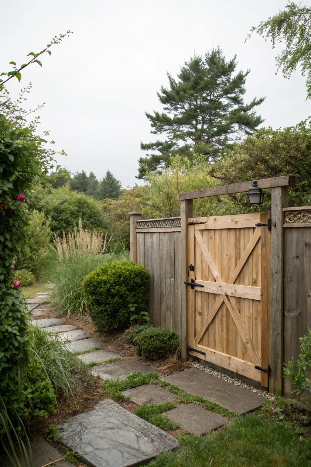 Solid cedar gate offering privacy and security.