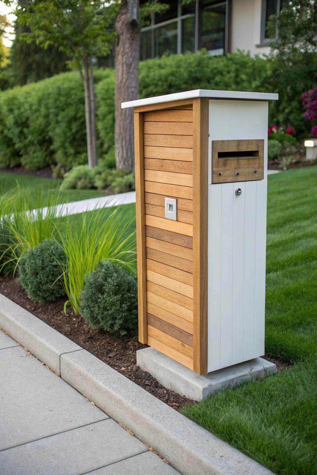 A sleek vertical panel cedar mailbox for a modern touch.
