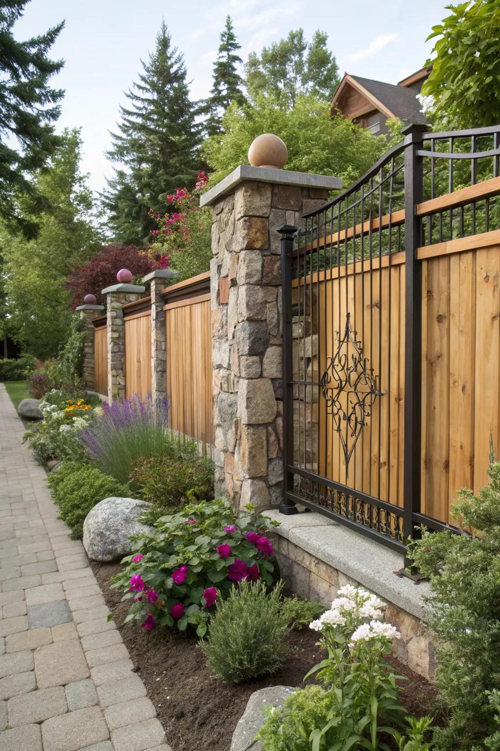 Mixed materials add uniqueness to this cedar privacy fence.