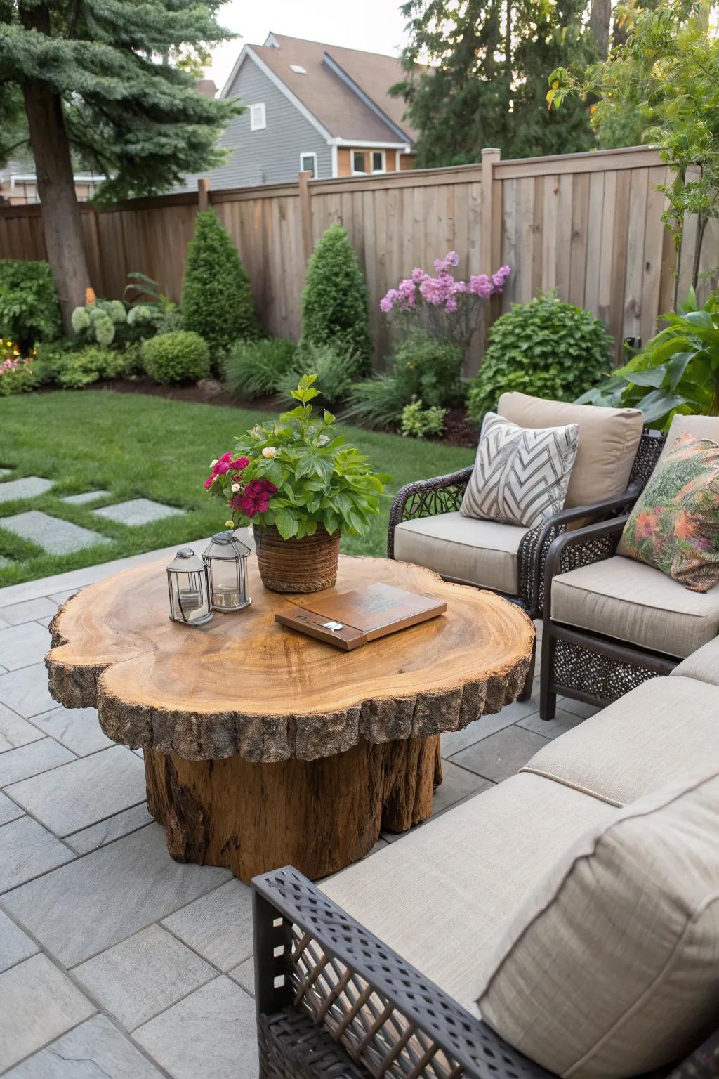 A cedar slab coffee table set for outdoor entertaining.