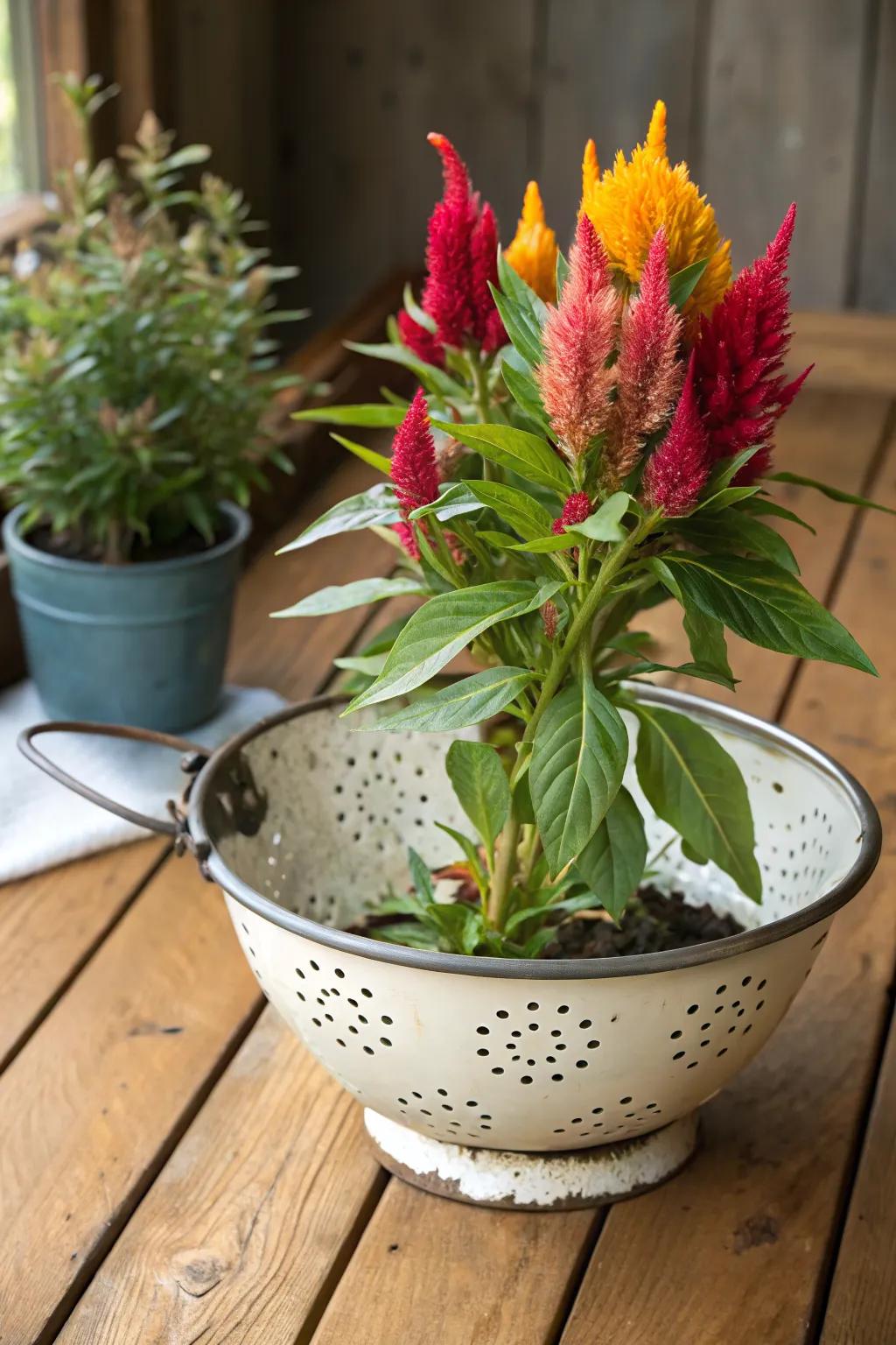 Repurposed kitchenware like colanders make unique celosia containers.