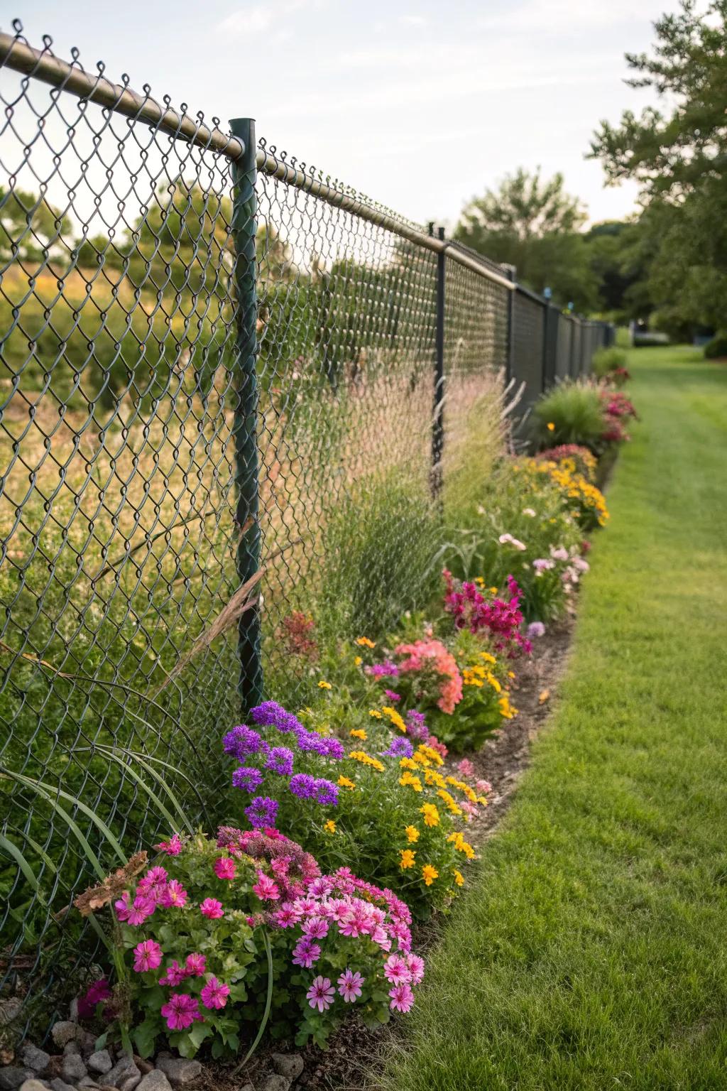 Colorful flower borders bring vibrant life to chain link fences.