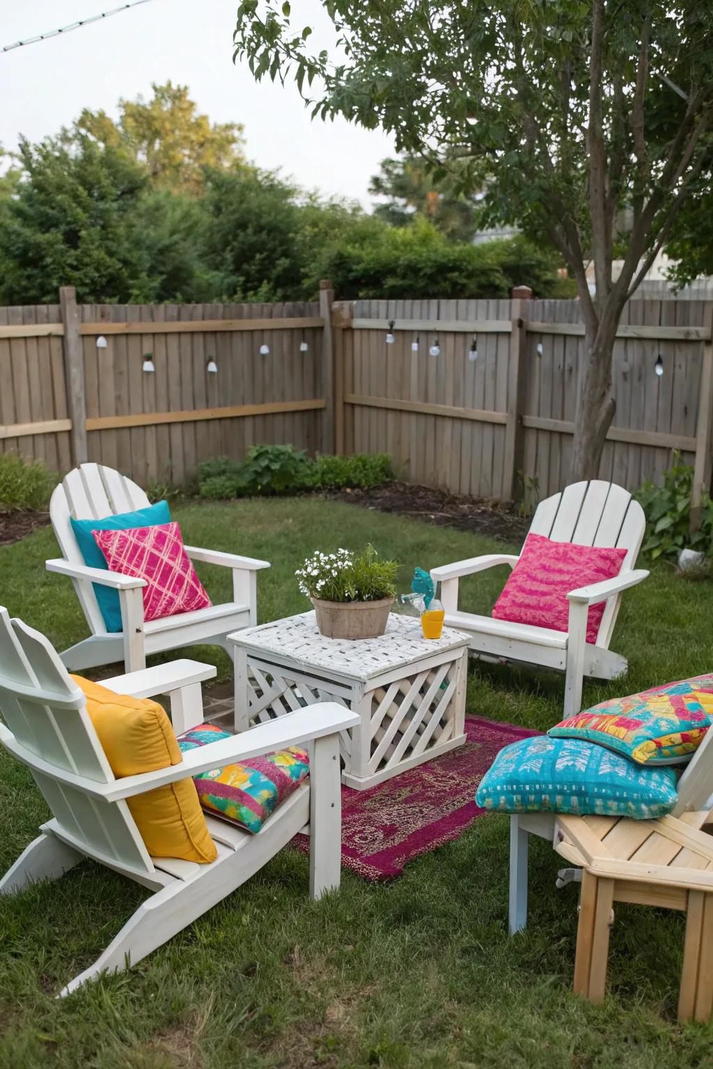 Upcycled furniture creates a cozy seating area.
