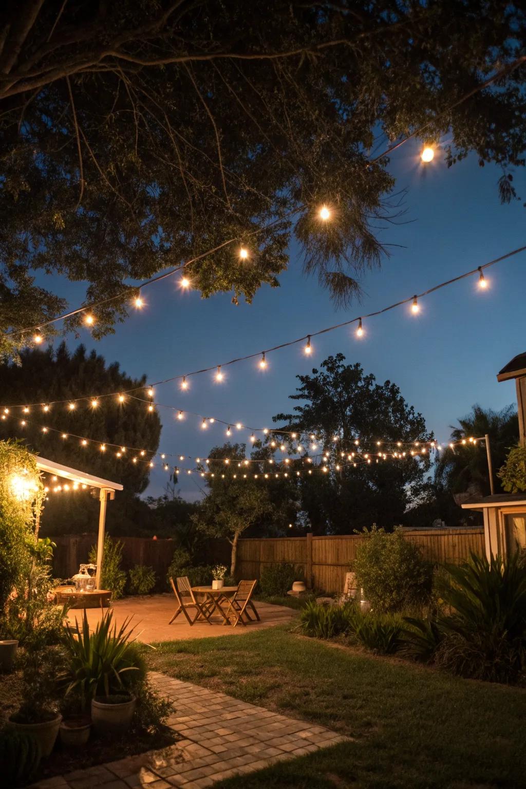 String lights create a magical evening atmosphere.
