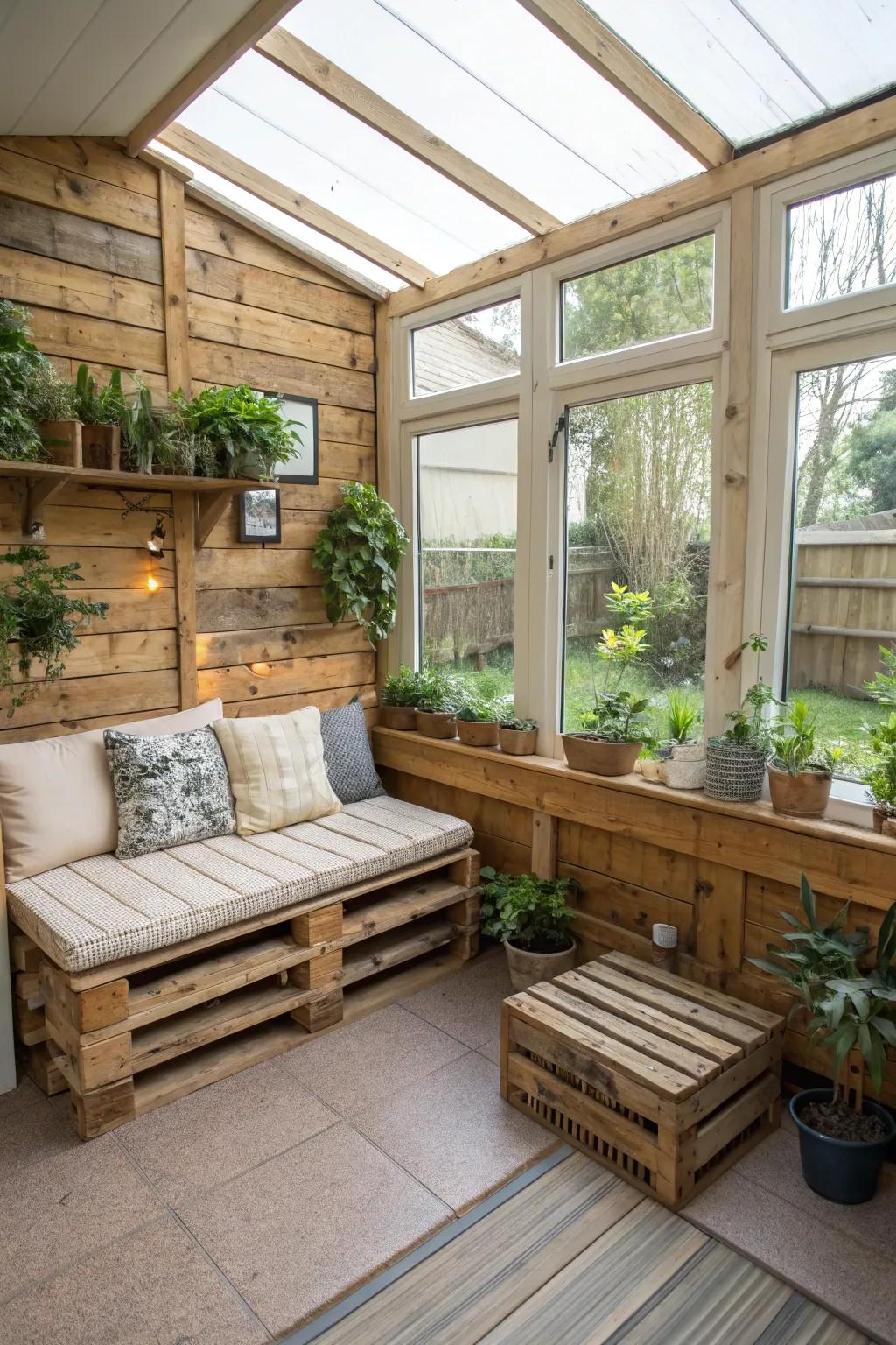 Pallet wood offers a rustic and cost-effective touch to garden rooms.