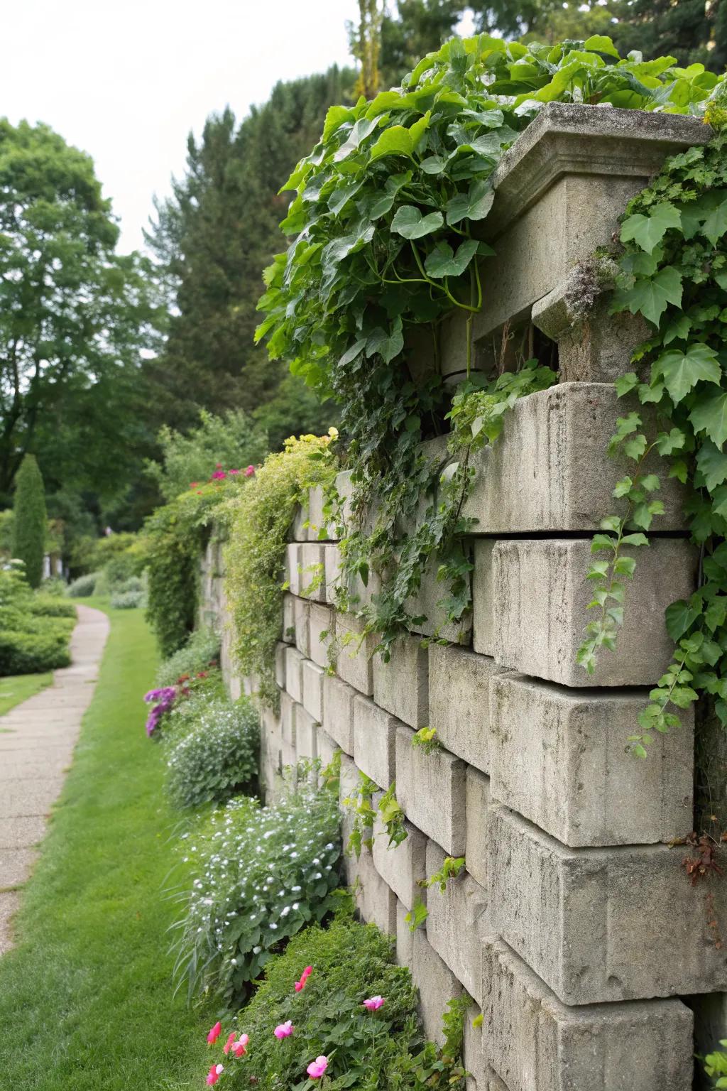 A garden wall constructed from concrete blocks with cascading plants.