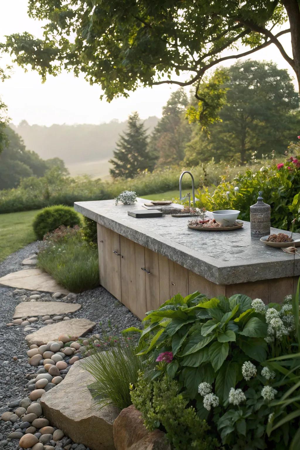 Gravel and stone offer a unique and earthy aesthetic for outdoor countertops.