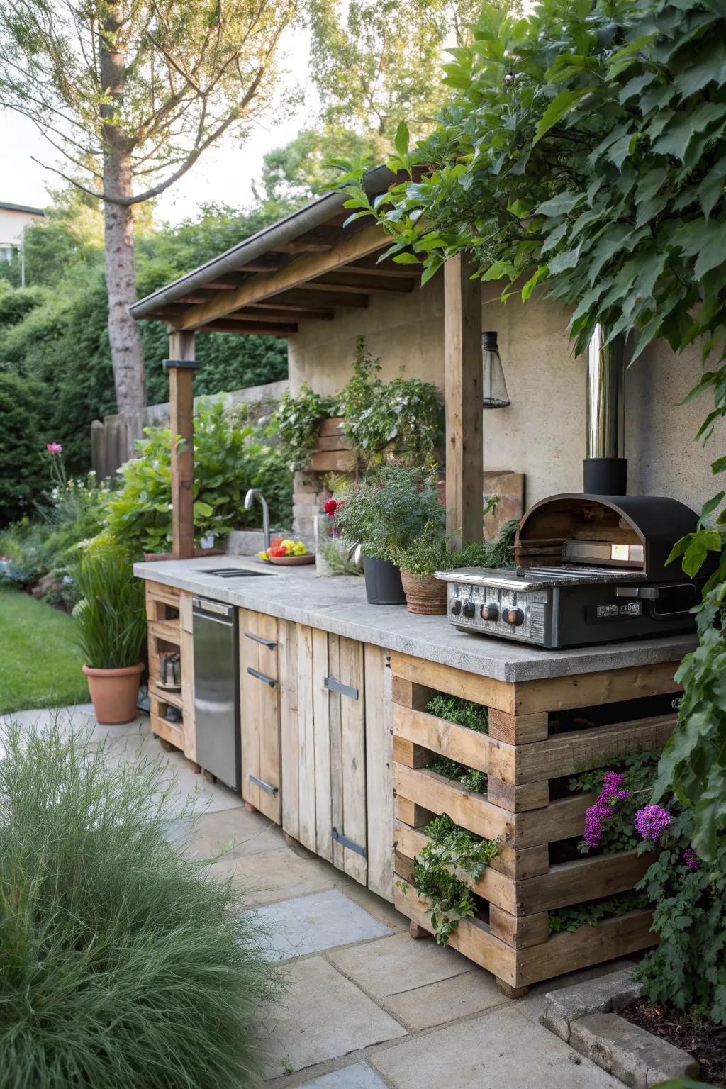 Pallet countertops provide a creative and economical outdoor kitchen solution.