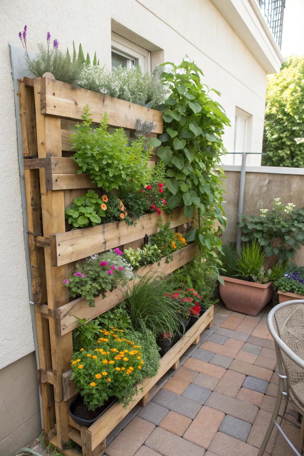 A vertical garden maximizes space and greenery.