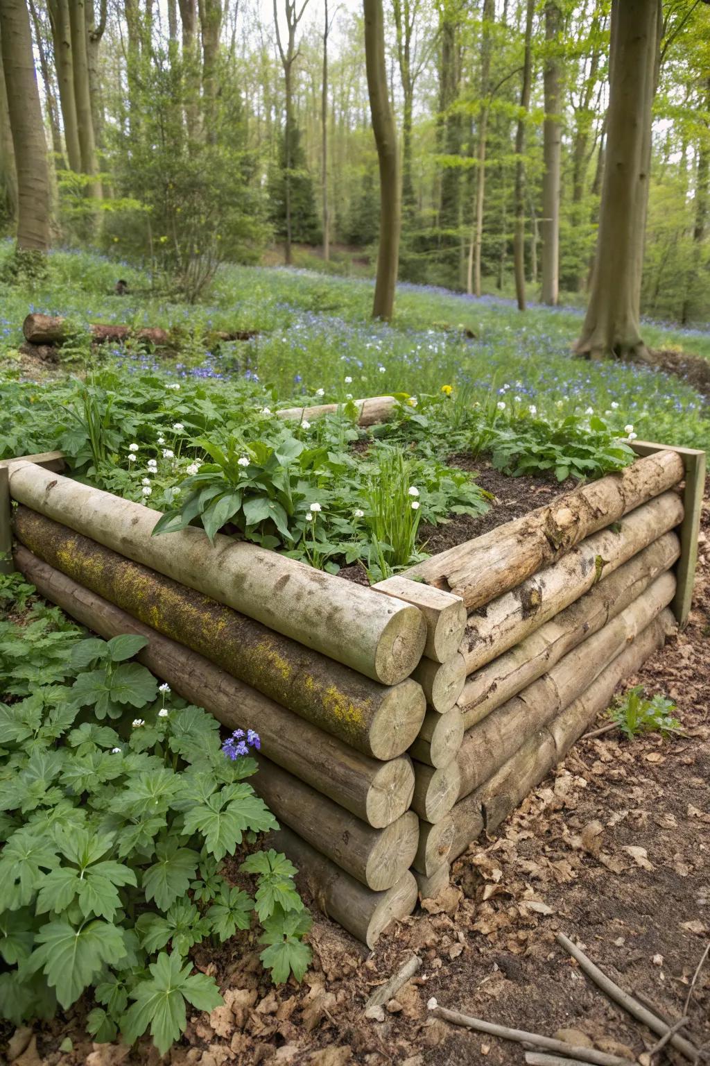 Logs provide a natural and rustic feel for a raised garden bed.