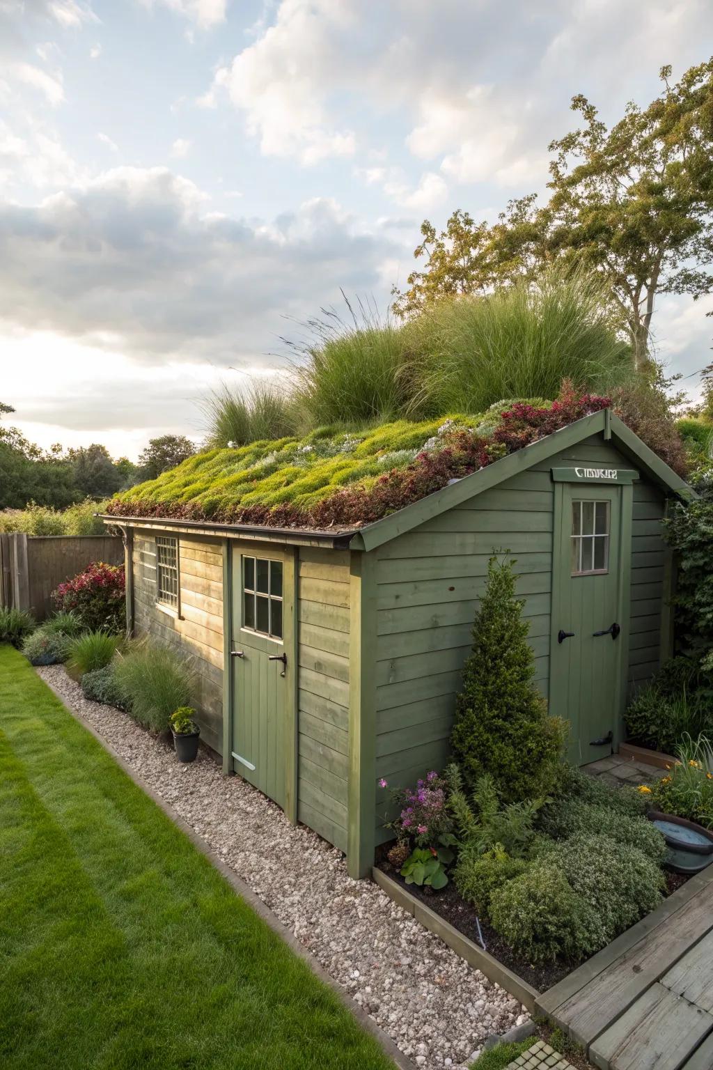 A green roof adds aesthetic appeal and environmental benefits to a shed.
